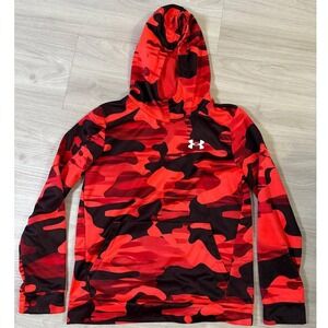 Under Armour Boys Camo Hoodie Red Black Loose Fit Youth Size YLG